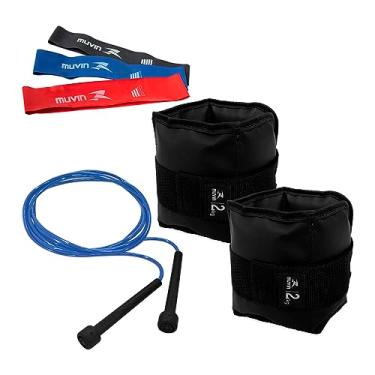 Imagem de Muvin Kit Caneleira de Peso 2,0kg + Corda de Pular Ajustável 3,15 Metros + Mini Band 3 Tensões – Tornozeleira – Academia – Treino Funcional – Exercício – Fitness – Musculação – Resistente (Azul)
