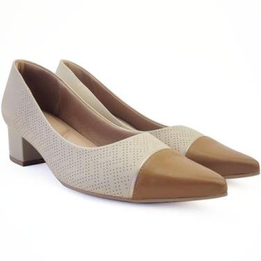 Imagem de Sapato Scarpin Usaflex Couro Macio Salto Bloco Confortável, 35, Nude
