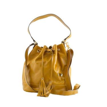 Imagem de Bolsa Saco Transversal  Feminina em Couro Legitimo Mostarda - Betania 