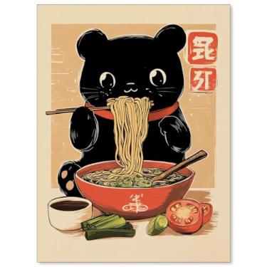 Imagem de Heltrappe Cartazes em tela de gato preto comendo macarrão arte de parede de animais fofos asiáticos japoneses para decoração de parede de cozinha sala de jantar 30 x 40 cm sem moldura