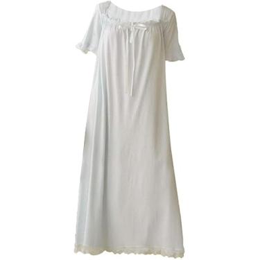 Imagem de Camisola De Manga Curta Para Senhoras Camisola Vintage Lace Sweet Long Homewear Loose, Light Blue, M