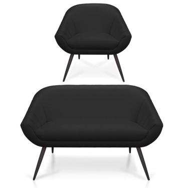 Imagem de Kit 01 Namoradeira 02 Lugares E 01 Poltrona Giovana Corino Preto Pés Palito De Ferro