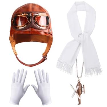 Imagem de Keymall Chapéu de aviador com óculos acessórios para fantasia de piloto, cachecol branco para homens, mulheres, adolescentes e adultos (marrom)