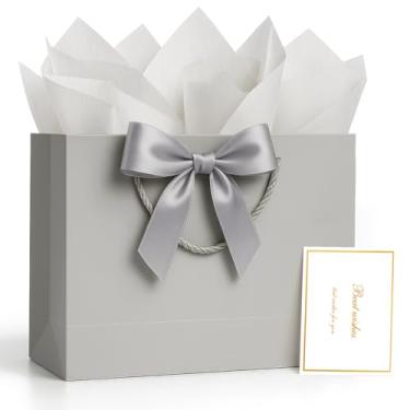 Imagem de ANZNKU Sacos de presente, 1 bolsa de presente grande com alças com fita, 2 lenços de papel, 1 cartão de felicitações, elegantes sacos de presente de papel cinza para chá de bebê, embrulho de presente