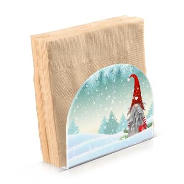 Imagem de Porta-guardanapos adorável sprite gnomo de Natal em pé na neve inverno suportes de guardanapo de acrílico cristalino, suporte de guardanapo de papel dispensador de mesa de jantar para cozinha,