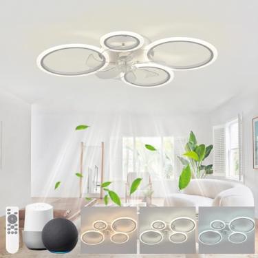 Imagem de Ventiladores de teto de 80 cm com luzes funcionam com Alexa e Google Assistant, ventiladores de teto para sala de estar, temporizador silencioso reversível ventilador de 4 anéis com lâmpada,