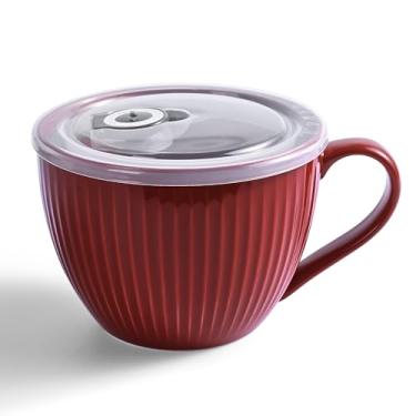 Imagem de Tigela de sopa de cerâmica com alça, canecas de café grandes de 680 g, canecas de sopa jumbo com tampas para cereais matinais, aveia, café, chá, lava-louças e lava-louças, presente de casamento de