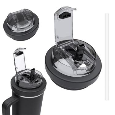 Imagem de Tampa de canudo flip de 1,134 g compatível com Stanley Cup, tampa de substituição com canudo 2 em 1 atualizada e abertura de gole com tampa à prova de poeira, capa de silicone removível à prova de