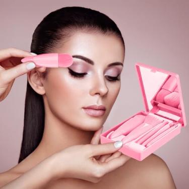 Imagem de Conjunto de pincéis de maquiagem para viagem com 5 peças, mini kit completo de pincéis cosméticos, com estojo e espelho (rosa)