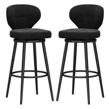Imagem de Banquetas de bar estofadas giratórias de veludo com apoio para os pés de metal, bancos de bar com altura giratória conjunto de 2, bancos de balcão com encosto, cadeira de bar moderna para ilha de