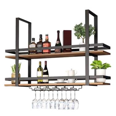Imagem de Rack de vinho montado no teto com suporte de vidro, prateleira de rack de vinho industrial, prateleiras flutuantes suspensas de 2 camadas, para bar, cozinha, sala de jantar (cor: preto, tamanho: 80 x