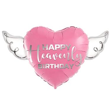 Imagem de Happy HEAVENLY Birthday balão rosa em forma de coração com asas de anjo