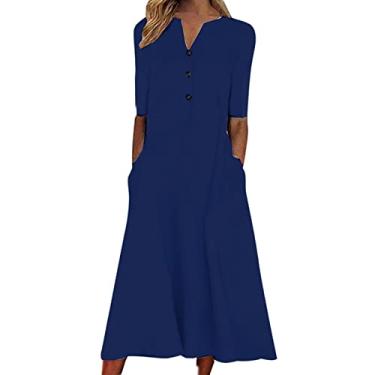 Imagem de UIFLQXX Vestidos femininos de verão casuais para mulheres, vestido de manga curta com botões, vestido midi rodado, casual, gola V, Azul-marinho, XXG