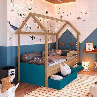 Imagem de Cama Infantil Casinha Com Colchão Solteiro 2 Gavetas Aveiro Oak Azul Secreto Sonho Completa Móveis