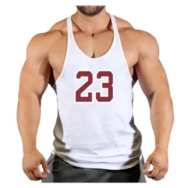 Imagem de Camiseta regata masculina gola redonda cor sólida costas nadador número impresso emagrecedor camiseta muscular, Branco, 3G