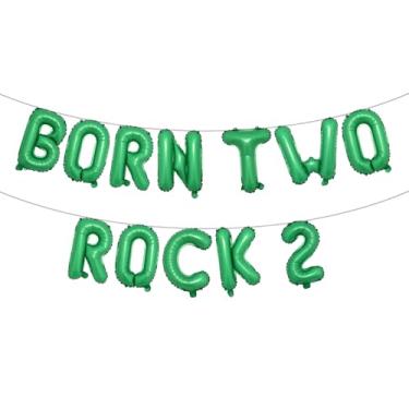 Imagem de Born Two Rock 2 Birthday Decorations Rock and Roll 2nd Birthday Party Supplies with Born Two Rock Balloon Banner Cake Topper Balloon for Rock Band Music Theme Party (BORN TWO ROCK 2 Green)
