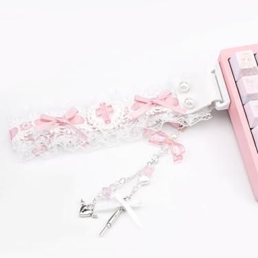 Imagem de COOMICKEY Alça de teclado mecânico, alças de pressão de renda rosa e branca com berloque adequadas para teclado mecânico 98 87 65 60 Teclados RK ATK68