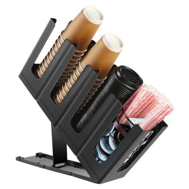 Imagem de KLYSO Organizador de estação de café para copo e tampa descartáveis, dispensador ajustável de 4 compartimentos com cápsula de café e cesta de armazenamento de palha, acessórios de café