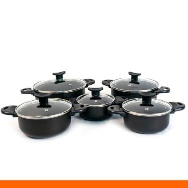 Imagem de Jogo de Panelas Caçarolas Antiaderente 5 Peças com Tampa de Vidro Revestimento com 5 Camadas Teflon (Preto)