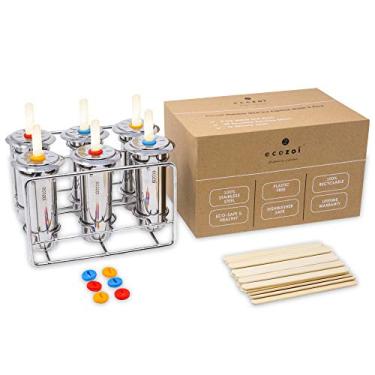 Imagem de ecozoi Moldes de picolé de aço inoxidável, 6 máquinas de picolé de gelo de metal, 30 palitos de bambu reutilizáveis, 12 selos de silicone e 1 rack, moldes de picolé ecológico para crianças e adultos,