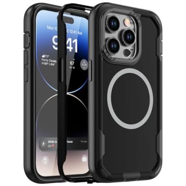 Imagem de Janmitta Capa para iPhone 14 Pro, compatível com MagSafe, 3 em 1, capa à prova de quedas de grau militar, capa traseira fosca antipoeira e arranhões, preta