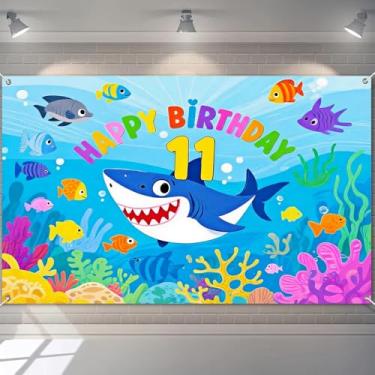 Imagem de BlissYard Banner de feliz aniversário de 11 anos com tema de aventura no oceano com tubarão e peixes coloridos para meninos e meninas, decoração de onze anos, 180 x 109 cm, banners de fundo