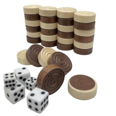 Imagem de 30 Pieces Wooden Backgammon Checkers Replacement Set Checker Board Games Playing Game Chips with 5 Dice Come with Drawstring Storage Pouch (Brown&Beige 0.94 inch)