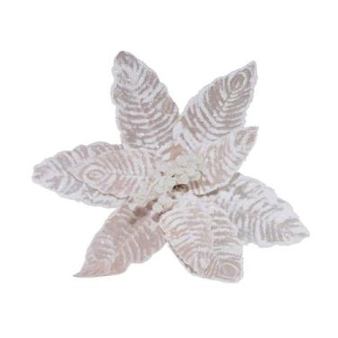 Imagem de 2 Flores de natal poinsetia tecido branca creme brilho 26cm - TOK