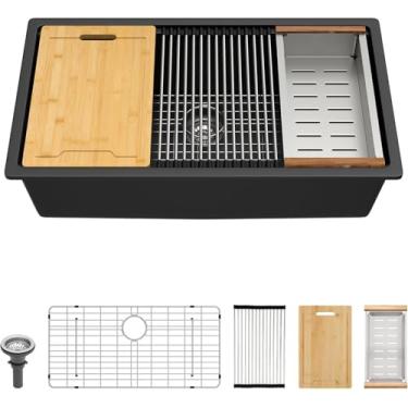 Imagem de Lordear Pia de cozinha com 30 peças pretas de granito composto de 76 x 48 cm para estação de trabalho de quartzo preto profundo pia única