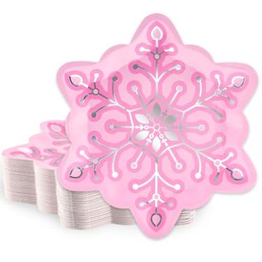 Imagem de JarThenaAMCS Pratos de papel de floco de neve, pratos descartáveis de Natal, prata, placa decorativa rosa para Natal, inverno, férias, chá de bebê, artigos de festa de aniversário, 48 peças