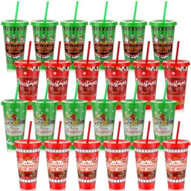 Imagem de LemonRoad Pacote com 24 copos de copos de plástico reutilizáveis de 680 g com tampas e canudos - Decorações de Natal, lembrancinhas festivas de aniversário para adultos