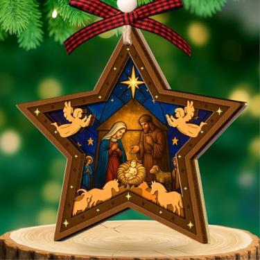 Imagem de Ornamento de presépio – Ornamento religioso para árvore de Natal – Presente cristão para famílias e mulheres – Decoração de Natal – Design cristão em forma de estrela acrílica de madeira de 2 camadas
