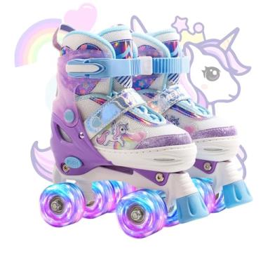 Imagem de METROLLER Patins infantis para meninas 4-6 5-8 8-12 patins infantis ajustáveis rodas brilhantes pequeno unicórnio esportes ao ar livre (roxo e branco, criança pequena (10c-13c EUA))