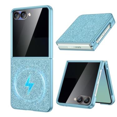 Imagem de Maxdara Capa magnética para Z Flip 7, capa Bling Galaxy Z Flip 7 com protetor de tela de privacidade integrado, capa fina de luxo, azul claro (tela de privacidade)