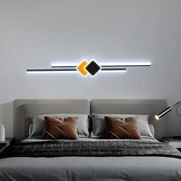Imagem de Luminária de parede LED para interiores, 35W, 90cm, design moderno com linhas pretas e laranjas, luz branca com temperatura de cor de 6000K, ideal para espelho de maquiagem e teto, perfeita
