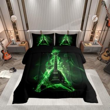 Imagem de Conjunto de edredom infantil com música rock, guitarra elétrica, instrumento musical de violão, para meninos e meninas, verde neon, chama, moderno, artístico, com 1 fronha