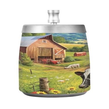 Imagem de Qilmy Cinzeiro de vaca de fazenda de aço inoxidável com tampa - Cinzeiro de cigarro à prova de vento sem cheiro sem fumaça para casa, escritório, carro, pátio, varanda (uso interno e externo)