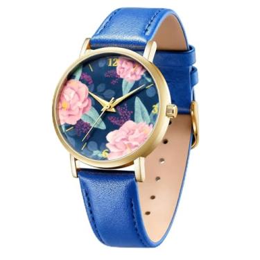 Imagem de BOSHIYA Relógios de pulso femininos de couro, mostrador grande, estampa floral, analógico, quartzo, Relógio de couro impresso - Deep Blue 568