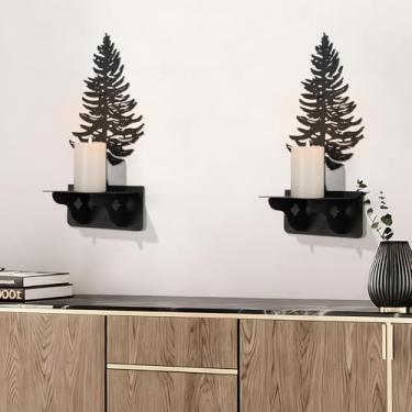 Imagem de Suporte de vela preto, castiçal de metal preto de pinheiro, castiçais de metal, castiçais, decoração de parede de árvore para sala de estar (preto 2, 6 x 32 cm, 2 peças)