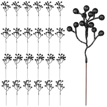 Imagem de Vipay 24 hastes de frutas silvestres, decoração de árvore de Natal preta de 18 cm, palhetas artificiais de azevinho, ramos de bagas para guirlanda de artesanato faça você mesmo, palhetas de glitter