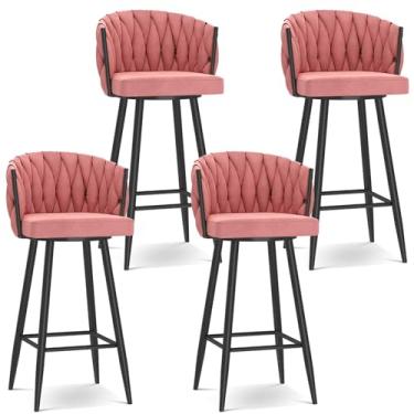 Imagem de Banquetas de bar giratórias modernas de 360°, cadeiras de cozinha estofadas de altura de bar com pernas de aço e apoio para os pés, perna preta rosa, 4 peças
