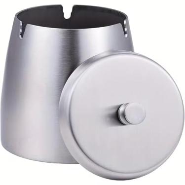 Imagem de Cinzeiro com tampa para cigarro, aço inoxidável, sem fumaça, inodoro, à prova de vento, cinzeiro para mesa de escritório em casa, pátio, varanda externa, prateado