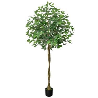 Imagem de MondayRug Ficus artificial com 3 troncos curvos naturais, árvore de ficus falsa de 1,8 m de altura em vaso de plástico resistente, planta sintética para escritório, casa, sala de estar, fazenda