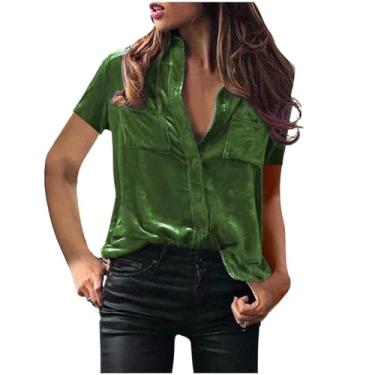 Imagem de Camisetas femininas gola alta de veludo camiseta feminina manga curta cardigã outono inverno 2024, B-760 verde-limão, M