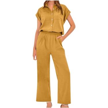 Imagem de Conjunto feminino de 2 peças de blusa e calça blazer para mulheres, conjunto de 2 peças com pernas largas 2024, X-86 amarelo mostarda, XG