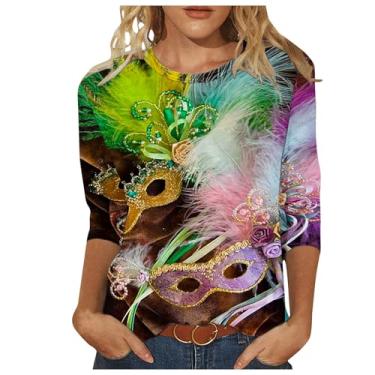 Imagem de Camisetas longas coloridas de ajuste relaxado para mulheres verão outono manga 3/4 comprimento gola canoa tops formais camisa feminina 2024, D-03 multicolorido, 4G