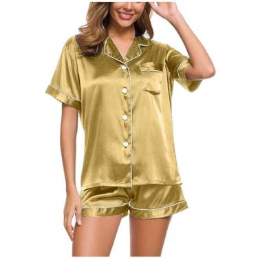 Imagem de Conjunto de pijama feminino com decote em V e seda sintética para mulheres, camisetas básicas, shorts, conjuntos de pijama 2024, X-139 amarelo mostarda, P