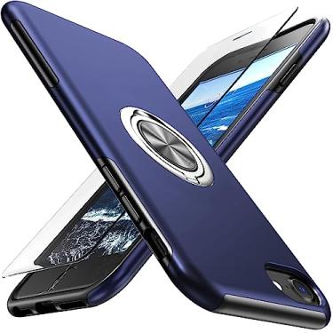 Imagem de Yamink Capa compatível com iPhone SE 2020 com protetor de tela de vidro temperado, capa compatível com iPhone 8/7, capa protetora híbrida 2 em 1 com suporte de anel magnético invisível, azul