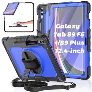 Imagem de Capa para tablet Samsung Galaxy Tab S9 FE+/S9+ Plus 5G de 12,4 polegadas 2023 com protetor de tela de vidro temperado, capa protetora de corpo inteiro, suporte giratório/alça de ombro e suporte para