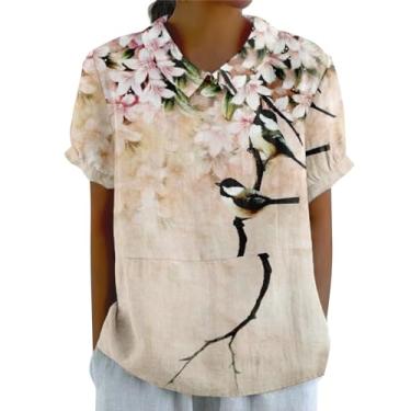 Imagem de Camisetas femininas com estampa floral retrô de linho com lapela e gola de lapela blusas de verão casual boho férias túnicas, Caqui, GG